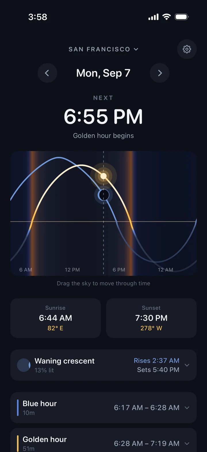 The same main screen with the moon card collapsed, showing waning crescent, 13 percent lit, rises 2:37 AM, sets 5:40 PM, followed by blue hour and golden hour rows.