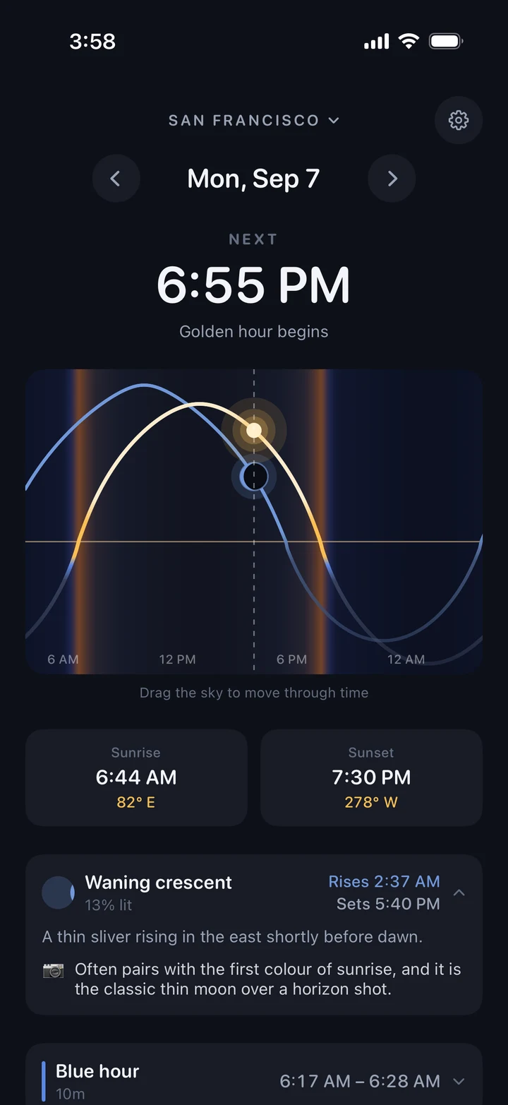 Sunfall's main screen for San Francisco. A large heading reads next, 6:55 PM, golden hour begins. Below it a dark sky ribbon shows the sun's arc in cream and the moon's in blue against warm and blue vertical bands, then sunrise and sunset times with their compass bearings, and an expanded moon card.