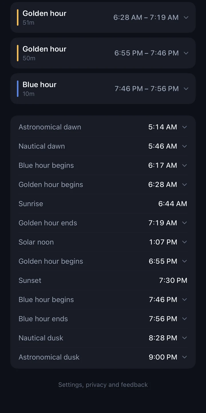 A full day timeline listing astronomical dawn, nautical dawn, blue hour, golden hour, sunrise, solar noon, sunset, blue hour, nautical dusk and astronomical dusk with times.