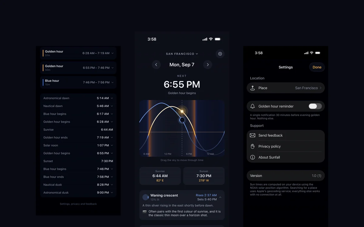 Sunfall app screens showing its sky ribbon, moon information, and light windows